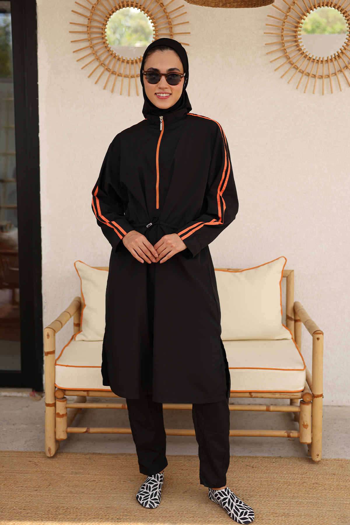 Hayaa+ Black with Orange Stripes Knee-Length Burkini