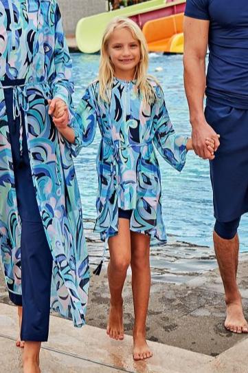 Navy Blue Aqua Elegant Beach Cover-up Kimono for Girl (Kids)