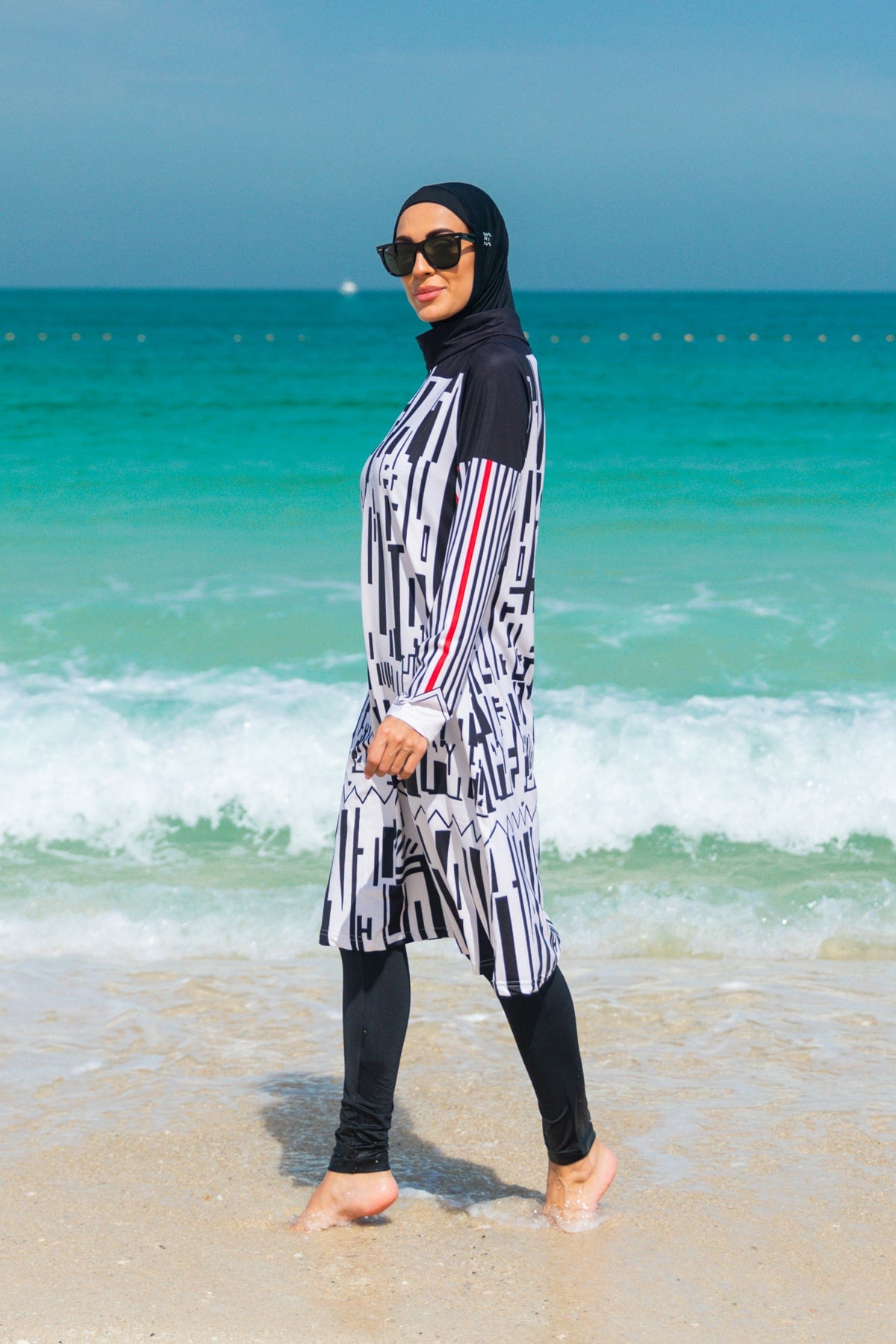 Black & White Parachute Full Burkini Swimwear with Hijab