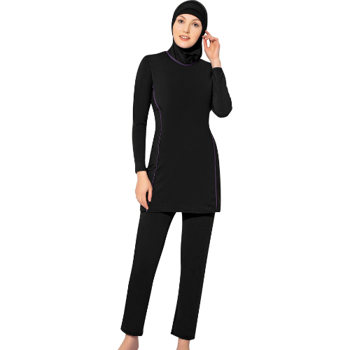 Burkini Modest Long Sleeve Solid Color Flexible Full Hijab Swimwear Black size S-2XL - 0557