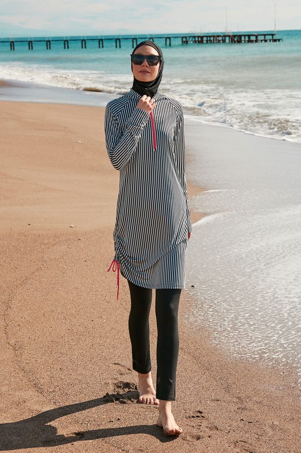 White & Black Stripes 4-Piece Lycra Full-Coverage Modest Swimwear
