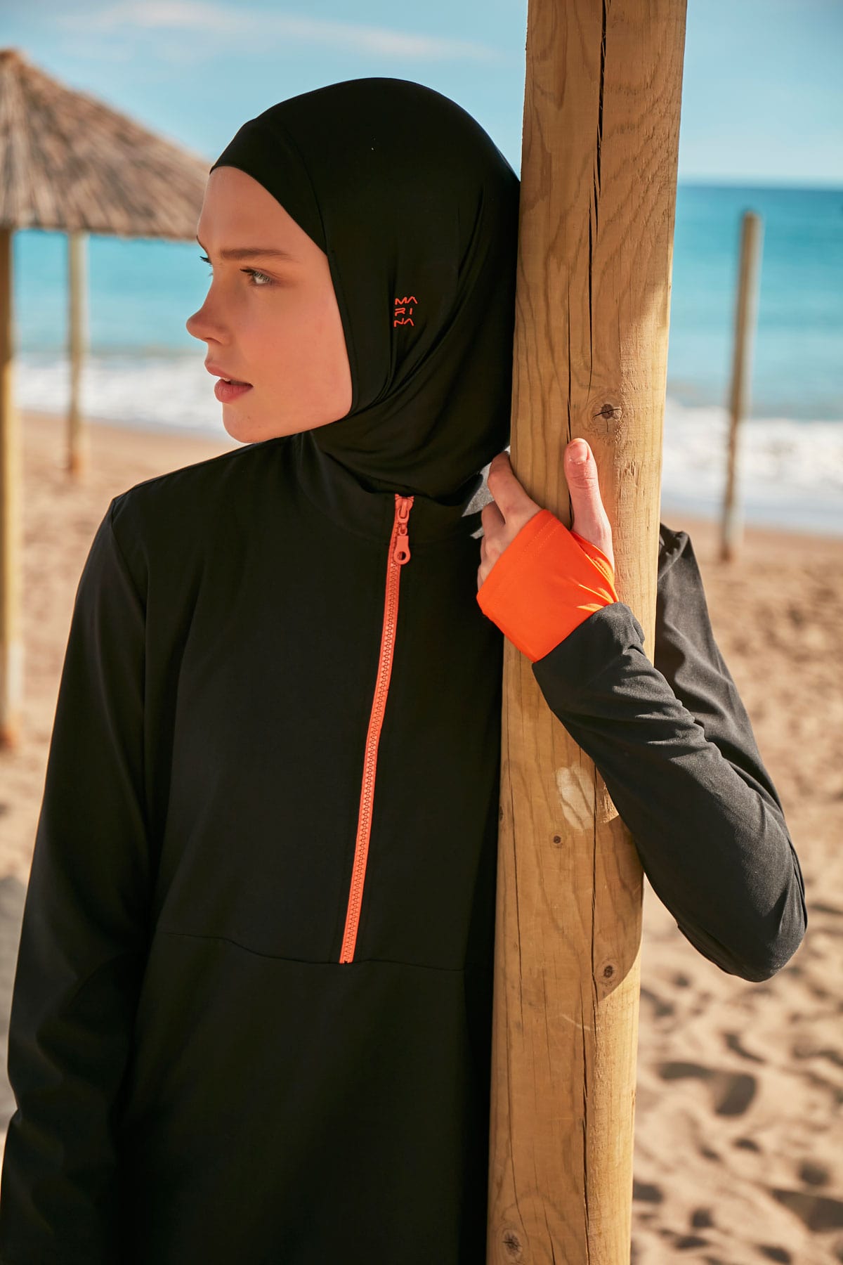 Black & Orange 4-Piece Parachute Full-Coverage Modest Swimwear with Hijab