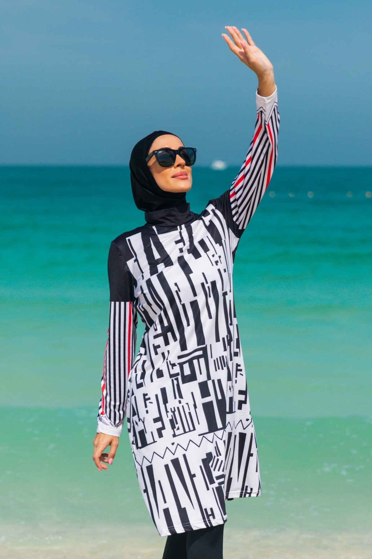 Black & White Parachute Full Burkini Swimwear with Hijab
