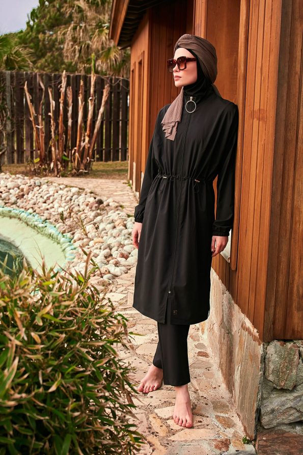 Black Elegant Woven Full Burkini Swimwear