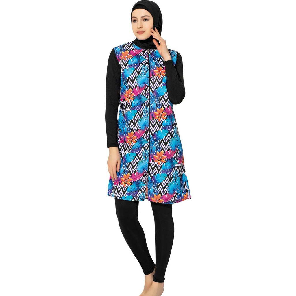 BAE Modest Women's Long Micro Sleeves Board Patterned Burkini Swimwear with Hijab