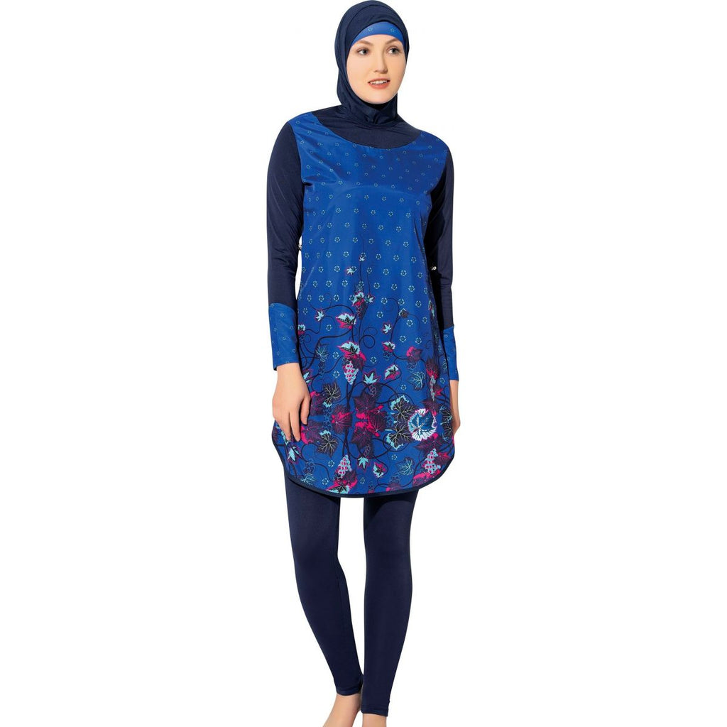 BAE Modest Women's Long Micro Sleeve Floral Patterned Full Burkini Muslim Swimwear S-XXL with Hijab